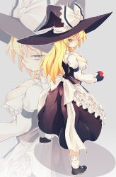 Rule 34 | 1girl, apron, black dress, black footwear, black gloves, black hat, blonde hair, bow, breasts, cleavage, closed mouth, commentary request, cookie (touhou), creatures (company), dress, frilled apron, frills, full body, game freak, gloves, grey background, hair bow, hat, highres, holding, holding poke ball, kirisame marisa, large breasts, long hair, long sleeves, looking at viewer, mars (cookie), master nabesama, nintendo, partially fingerless gloves, poke ball, pokemon, shoes, socks, solo, standing, touhou, waist apron, white apron, white bow, white socks, witch hat, yellow eyes, zoom layer