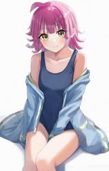 Rule 34 | 1girl, absurdres, aftamc, ahoge, blush, breasts, closed mouth, dot nose, green eyes, highres, jacket, jersey, legs, looking at viewer, love live!, love live! nijigasaki high school idol club, one-piece swimsuit, purple hair, school swimsuit, simple background, sitting, small breasts, smile, solo, swimsuit, tennoji rina, thighs, white background