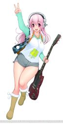 Rule 34 | 1girl, blush, breasts, electric guitar, female focus, guitar, headphones, highres, instrument, large breasts, long hair, looking at viewer, nitroplus, open mouth, pink hair, pom pom (clothes), red eyes, simple background, smile, solo, super sonico, tsuji santa, v, watermark, white background