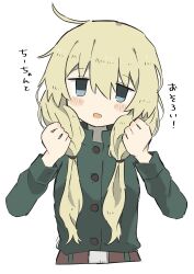 Rule 34 | 1girl, :d, ahoge, belt, belt buckle, blonde hair, blue eyes, brown belt, buckle, buttons, clenched hands, cropped torso, green jacket, hair over shoulder, hands up, highres, jacket, jitome, long hair, long sleeves, looking at viewer, low twintails, open mouth, playing with own hair, shoujo shuumatsu ryokou, smile, solo, straight-on, translation request, twintails, upper body, yoyohachi, yuuri (shoujo shuumatsu ryokou)