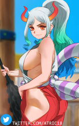Rule 34 | 1girl, ass, atric18, bare shoulders, blue hair, blue sky, breasts, closed mouth, club (weapon), cowboy shot, day, earrings, from side, gradient hair, hakama, highres, hip vent, holding, holding weapon, horns, japanese clothes, jewelry, large breasts, long hair, looking at viewer, looking to the side, multicolored hair, one piece, outdoors, ponytail, red eyes, red horns, rope, shimenawa, sideboob, sky, sleeveless, smile, solo, twitter logo, twitter username, watermark, weapon, web address, white hair, yamato (one piece)