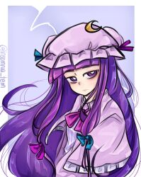 Rule 34 | 1girl, absurdres, bags under eyes, blue bow, blue ribbon, blunt bangs, border, bow, capelet, commentary, crescent, crescent hat ornament, hair bow, hat, hat ornament, hat ribbon, highres, light frown, long hair, mob cap, patchouli knowledge, pink bow, pink ribbon, purple eyes, purple hair, ribbon, simple background, solo, tem (insomnia tem), touhou, twitter username, upper body, very long hair, watermark