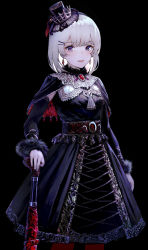 Rule 34 | 1girl, black background, black capelet, black dress, black hat, black sleeves, brooch, capelet, detached sleeves, dress, earrings, fur-trimmed capelet, fur trim, has bad revision, hat, hisahisahisahisa, jewelry, long sleeves, looking at viewer, md5 mismatch, mini hat, mini top hat, original, pantyhose, parted lips, purple eyes, red pantyhose, resolution mismatch, simple background, sleeveless, sleeveless dress, solo, source larger, tilted headwear, top hat, white hair