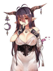 Rule 34 | 10s, 1girl, antenna hair, bad id, bad pixiv id, bandaged arm, bandages, bare shoulders, black gloves, black hair, breasts, cleavage, danua, draph, female focus, fingerless gloves, gloves, granblue fantasy, hair between eyes, horns, hsuliherng, large breasts, long hair, pointy ears, simple background, solo, white background