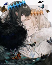 Rule 34 | 1boy, absurdres, arthropod boy, black hair, blue eyes, bug, butterfly, cape, cloak, closed eyes, crown, diamond hairband, fate/grand order, fate (series), fur-trimmed cape, fur-trimmed cloak, fur trim, highres, insect, long sleeves, maidhao, male focus, medium hair, multiple persona, oberon (fate), oberon (third ascension) (fate), profile, signature, simple background, solo, upper body, white background, white hair