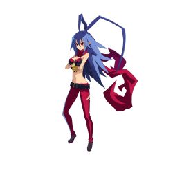 Rule 34 | 1girl, antenna hair, belt, bikini, bikini top only, blue hair, bracelet, disgaea, disgaea d2, full body, gender request, genderswap, harada takehito, highres, jewelry, laharl, laharl-chan, long hair, navel, official art, pointy ears, red eyes, red scarf, scarf, simple background, solo, swimsuit, torn clothes, very long hair, white background