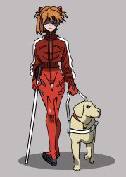 Rule 34 | 1girl, absurdres, alternate hairstyle, blindfold, blue eyes, bodysuit, bodysuit under clothes, brown hair, curvy, dog, evangelion: 3.0+1.0 thrice upon a time, expressionless, full body, highres, interface headset, jacket, medium hair, morita0126, neon genesis evangelion, parody, pilot suit, plugsuit, rebuild of evangelion, red bodysuit, shiny clothes, simple background, solo, souryuu asuka langley, walking, white background