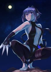 Rule 34 | 1girl, bare shoulders, black gloves, breasts, breasts apart, dark-skinned female, dark skin, fate/prototype, fate/prototype: fragments of blue and silver, fate (series), fingerless gloves, full moon, gloves, hairband, hassan of serenity (fate), highres, knife, looking up, medium breasts, moon, night, parted lips, purple eyes, purple hair, short hair, solo, spread legs, squatting, toeless legwear, toes, urayama (backmountain)