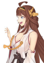 Rule 34 | 10s, 1girl, :d, ahoge, arm up, bare shoulders, blue eyes, breasts, brown hair, cleavage, detached sleeves, double bun, female focus, from side, hair intakes, hairband, headgear, highres, japanese clothes, kantai collection, kongou (kancolle), large breasts, liu lan, long hair, naughty face, nontraditional miko, open mouth, ribbon-trimmed sleeves, ribbon trim, round teeth, simple background, smile, solo, teeth, white background