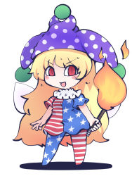 Rule 34 | 1girl, :d, american flag legwear, american flag shirt, blonde hair, chahan (fried rice0614), clownpiece, fairy wings, fire, full body, hat, highres, holding, holding torch, jester cap, long hair, looking at viewer, neck ruff, one-hour drawing challenge, open mouth, pantyhose, polka dot headwear, purple hat, red eyes, shirt, short sleeves, simple background, smile, solo, standing, star (symbol), star print, striped clothes, striped pantyhose, striped shirt, torch, touhou, v-shaped eyebrows, very long hair, white background, wings