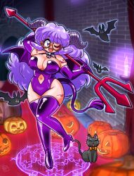 1girl ;d arm_behind_head bat_(animal) big_hair black_cat boots breasts brick_wall cat clothing_cutout commentary curvy demon_costume demon_horns demon_wings elbow_gloves english_commentary full_moon glasses gloves halloween halloween_costume highres holding_trident horns jack-o&#039;-lantern large_breasts leg_tattoo leotard long_hair magic_circle mixed-language_commentary moon navel_cutout nevaeh_clark one_eye_closed open_mouth orange-framed_eyewear purple_eyes purple_footwear purple_gloves purple_hair purple_leotard round_eyewear sharp_teeth shoulder_tattoo sidelocks skindentation smile solo standing standing_on_one_leg strapless strapless_leotard susume!_ashitabara_gakuen tattoo teeth thigh_boots wanta_(futoshi) wings