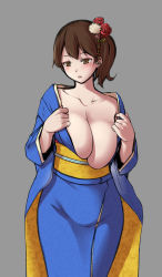 Rule 34 | 1girl, blue kimono, blush, breasts, brown eyes, brown hair, cleavage, collarbone, cowboy shot, flower, grey background, hair flower, hair ornament, highres, japanese clothes, jewelry, kaga (kancolle), kantai collection, kimono, large breasts, long sleeves, looking at viewer, obi, sash, side ponytail, simple background, solo, yuki to hana