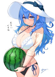 1girl bikini black_bikini black_choker blue_eyes blue_hair breasts choker cleavage collarbone commentary_request cu-no food frilled_bikini frills fruit hair_between_eyes hat highres hisen_kaede holding holding_food holding_fruit kohitsuji_ai large_breasts long_hair side-tie_bikini_bottom signature simple_background solo swimsuit watermelon white_background white_hat