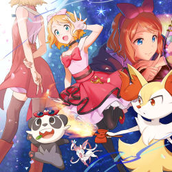 Rule 34 | 1girl, animal ear fluff, animal nose, arms behind back, bad id, bad twitter id, blue eyes, boots, bow, bow hairband, braixen, brown footwear, brown thighhighs, closed mouth, commentary request, creatures (company), game freak, gen 6 pokemon, gloves, hair bow, hairband, hand up, high heels, index finger raised, kanimaru, key, leg up, looking at viewer, multiple views, nintendo, open mouth, pancham, pink bow, pink hairband, pokemon, pokemon (anime), pokemon (creature), pokemon xy (anime), red footwear, serena (pokemon), short hair, smile, snout, spread fingers, sylveon, thighhighs, tongue, v