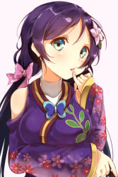 Rule 34 | 10s, 1girl, aqua eyes, bow, breasts, clothing cutout, floral print, flower, green eyes, hair bow, hair flower, hair ornament, japanese clothes, long hair, looking at viewer, love live!, love live! school idol festival, love live! school idol project, pachi (sugiyama0306), pink background, purple hair, shoulder cutout, simple background, solo, tojo nozomi, twintails, upper body, wide sleeves