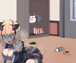 Rule 34 | 2girls, :d, akaoni (zumt3548), azur lane, bare shoulders, black dress, blonde hair, blush, book, breasts, brown eyes, cleavage, commentary request, cowboy shot, cowgirl position, cross, cupboard, detached sleeves, dress, hair between eyes, headgear, hole, implied sex, indoors, iron cross, large breasts, looking at another, meowfficer (azur lane), multicolored hair, multiple girls, open mouth, peeking, prinz eugen (azur lane), red hair, roon (azur lane), roon (muse) (azur lane), short hair, sideboob, sidelocks, smile, straddling, streaked hair, wall, window, wooden floor