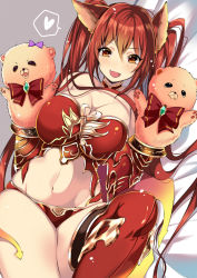 Rule 34 | 10s, 1girl, :d, akishima kei, animal ears, armor, bad id, bad pixiv id, bare shoulders, bikini armor, blush, bow, bowtie, breasts, brooch, cerberus (shingeki no bahamut), choker, cleavage, dog ears, fang, granblue fantasy, groin, hand puppet, heart, jewelry, large breasts, long hair, looking at viewer, lying, navel, on back, on bed, open mouth, orange eyes, panties, puppet, red armor, red bow, red bowtie, red hair, red panties, red thighhighs, shingeki no bahamut, smile, solo, spoken heart, stomach, thighhighs, twintails, underwear