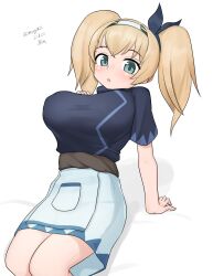 Rule 34 | 1girl, absurdres, alternate costume, black shirt, blonde hair, blue eyes, breasts, cowboy shot, gambier bay (kancolle), highres, kantai collection, large breasts, long hair, maru (marg0613), one-hour drawing challenge, shirt, simple background, sitting, skirt, solo, twintails, white background, white skirt