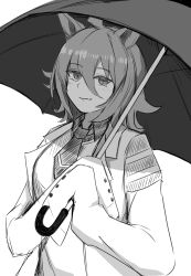 Rule 34 | 1girl, agnes tachyon (umamusume), ahoge, animal ears, coat, collared shirt, commentary request, greyscale, hair between eyes, highres, holding, holding umbrella, horse ears, horse girl, lab coat, looking at viewer, messy hair, miya nns35, monochrome, necktie, open clothes, open coat, shirt, short hair, simple background, sleeves past fingers, sleeves past wrists, solo, sweater vest, umamusume, umbrella, upper body, very long sleeves, white background