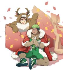 Rule 34 | 2boys, animal costume, animal ears, antlers, bara, black hair, blush, box, bulge, cape, christmas, confetti, covered navel, cow horns, dark-skinned male, dark skin, facial hair, fake animal ears, full body, fur-trimmed cape, fur trim, gift, gift box, goatee, green hair, horns, ikusaba daisuke, kqq8, looking at another, male focus, mask, unworn mask, protagonist 3 (housamo), multicolored hair, multiple boys, muscular, muscular male, navel, open box, oversized object, red cape, reindeer antlers, reindeer costume, santa costume, shoes, short hair, sitting, sneakers, spread legs, surprised, taurus mask, thick thighs, thighs, tokyo houkago summoners, two-tone hair, wrestling mask, wrestling outfit