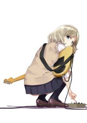 Rule 34 | 1girl, ashiya hiro, ass, black socks, blue eyes, blue skirt, blush, brown footwear, cable, closed mouth, commentary request, electric guitar, from behind, full body, guitar, highres, instrument, kneehighs, loafers, looking at viewer, looking back, miniskirt, original, pleated skirt, school uniform, shirt, shoes, short hair, short sleeves, silver hair, simple background, skirt, socks, solo, squatting, sweater vest, white background, white shirt