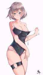 Rule 34 | black one-piece swimsuit, breasts, gridman universe, large breasts, mujina, o-ring, o-ring legwear, o-ring thigh strap, one-piece swimsuit, school swimsuit, shi huaan ling feeng, short hair, silver hair, skindentation, solo, ssss.dynazenon, swimsuit, thigh strap, torn clothes, torn swimsuit