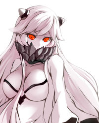 Rule 34 | 10s, 1girl, absurdres, abyssal ship, breasts, cleavage, collarbone, covering own mouth, dress, highres, horns, kantai collection, large breasts, long hair, looking at viewer, midway princess, nakajima shion, pale skin, red eyes, sion (nakajima shion), solo, upper body, very long hair, white background, white dress, white hair