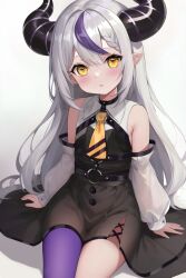 Rule 34 | 1girl, detached sleeves, frqz bijutsu, grey hair, highres, hololive, holox, horns, la+ darknesss, long hair, looking at viewer, multicolored hair, necktie, sitting, solo, streaked hair, striped horns, virtual youtuber, yellow eyes