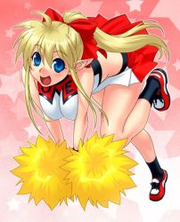 Rule 34 | 1girl, blonde hair, blue eyes, breasts squeezed together, breasts, cheerleader, chia hagemasky, kengou, large breasts, long hair, non-web source, original, pointy ears, pom pom (cheerleading), ponytail, solo