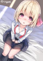 Rule 34 | 1girl, bed, black skirt, black socks, blonde hair, blouse, blush, bow, bowtie, breasts, ears visible through hair, eyebrows, from above, hair bow, hair ribbon, indoors, kneehighs, knees together feet apart, light rays, long sleeves, looking at viewer, loose necktie, miniskirt, neck ribbon, necktie, on bed, open mouth, red bow, red eyes, red neckwear, red ribbon, ribbon, rumia, see-through, shirt, short hair, sitting, sketch, skirt, small breasts, socks, solo, swept bangs, thighs, through clothes, touhou, twitter username, undone neck ribbon, white shirt, wing collar, wowoguni