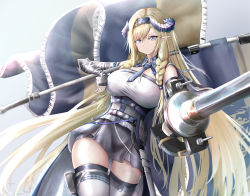 Rule 34 | 1girl, absurdres, arknights, arm strap, bare shoulders, black skirt, blonde hair, blue eyes, blue hairband, blue necktie, braid, breasts, commentary request, cowboy shot, elbow gloves, fingerless gloves, flag, foreshortening, gloves, hair between eyes, hairband, highres, horns, large breasts, long hair, looking at viewer, miniskirt, necktie, partial commentary, pointy ears, poni (poni arknights), saileach (arknights), shirt, skirt, solo, standing, thighhighs, thighs, twin braids, very long hair, white shirt, white thighhighs