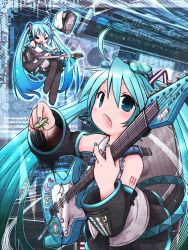 Rule 34 | 2girls, 39, ahoge, akino coto, aqua eyes, aqua hair, character name, chibi, detached sleeves, electric guitar, eyewear on head, fang, guitar, hatsune miku, headset, highres, instrument, long hair, md5 mismatch, multiple girls, nail polish, necktie, open mouth, plectrum, resolution mismatch, skirt, source smaller, speaker, thighhighs, twintails, very long hair, vocaloid