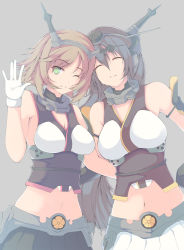 Rule 34 | 10s, 2girls, \||/, arm around back, arm around waist, bare shoulders, black hair, blush, breasts, brown hair, cat&#039;s hand, cleavage, elbow gloves, closed eyes, gloves, green eyes, grey background, hairband, headband, headgear, kantai collection, large breasts, light smile, long hair, looking at viewer, midriff, miniskirt, multiple girls, mutsu (kancolle), nagato (kancolle), navel, nekonote (cats hand), one eye closed, pleated skirt, short hair, simple background, skirt, sleeveless, smile, waving