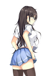 Rule 34 | 1girl, absurdres, bantian yindang, black thighhighs, blouse, blue skirt, blush, brown hair, closed mouth, from side, hair tie, highres, long hair, mouth hold, original, pleated skirt, profile, purple eyes, school uniform, shirt, short sleeves, simple background, sketch, skirt, solo, thighhighs, thighs, uniform, white background, white shirt, zettai ryouiki