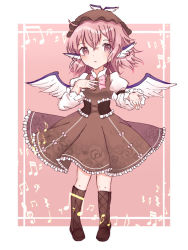 Rule 34 | 1girl, a-bulum, adapted costume, animal ears, bad id, bad pixiv id, bass clef, beamed eighth notes, beamed sixteenth notes, bird ears, bird wings, blush, boots, brown dress, brown footwear, brown hat, dress, earrings, eighth note, eighth rest, frilled dress, frilled sleeves, frills, full body, hair between eyes, hat, jewelry, juliet sleeves, knee boots, long sleeves, musical note, mystia lorelei, parted lips, pink eyes, pink hair, puffy sleeves, quarter note, quarter rest, short hair, solo, touhou, treble clef, white wings, winged hat, wings