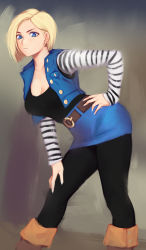 Rule 34 | 1girl, absurdres, android 18, blonde hair, blue eyes, boots, breasts, brown footwear, cleavage, denim, denim skirt, denim vest, dragon ball, dragonball z, earrings, hand on own hip, highres, jewelry, large breasts, leaning forward, looking at viewer, pantyhose, short hair, skirt, solo, standing, sunna (nilsunna), vest