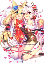 Rule 34 | 2girls, :d, animal ears, azur lane, bare shoulders, black dress, black footwear, blonde hair, blue eyes, blue flower, blurry, blurry background, blush, bound, breasts, cat ears, chain, china dress, chinese clothes, commentary request, crossover, depth of field, detached sleeves, dress, fang, fangs, fingernails, flower, fur collar, g41 (girls&#039; frontline), girls&#039; frontline, hair between eyes, hair flower, hair ornament, heart, heart hair ornament, high heels, highres, kugimiya rie, long hair, long sleeves, looking at viewer, low twintails, low wings, medium breasts, multiple girls, open mouth, petals, pink ribbon, red dress, red eyes, ribbon, shennai misha, short dress, side slit, silver hair, sleeves past wrists, smile, thighhighs, tied up, twintails, vampire (azur lane), vampire (the breath of spring) (azur lane), very long hair, voice actor connection, white background, white legwear, white wings, wings