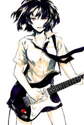 Rule 34 | 1girl, bad id, bad pixiv id, black hair, bow, bowtie, electric guitar, greyscale, guitar, highres, higuchi hiru, instrument, looking at viewer, monochrome, music, open mouth, original, pale color, pale skin, playing instrument, pleated skirt, red eyes, shirt, short sleeves, simple background, skirt, solo, spot color, standing, white background