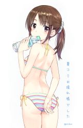 Rule 34 | 1girl, aihama chika, amagai tarou, arm behind back, ass, back, bikini, blush, bottle, brown eyes, brown hair, covering ass, covering privates, flat ass, from behind, hair ornament, hairclip, halterneck, looking at viewer, looking back, multicolored bikini, multicolored clothes, multicolored stripes, original, ponytail, scrunchie, side-tie bikini bottom, simple background, solo, striped bikini, striped clothes, sweat, swimsuit, twisted neck, twitter username, water bottle, white background