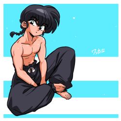Rule 34 | 1boy, barefoot, between legs, black hair, black pants, blue eyes, braid, braided ponytail, frown, hand between legs, head tilt, looking at viewer, male focus, muscular, muscular male, pants, ranma 1/2, saotome ranma, signature, topless male, two-tone background, wanta (futoshi)