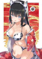 Rule 34 | 1girl, absurdres, animal ears, animal print, armpits, bare shoulders, bikini, black hair, blue eyes, breasts, chinese zodiac, cleavage, collarbone, cow ears, cow print, fake animal ears, hairband, halterneck, hatsuga (dmaigmai), highres, huge filesize, japanese clothes, kimono, large breasts, long hair, long sleeves, looking at viewer, navel, off shoulder, open mouth, original, red kimono, socks, solo, squiggle, stomach, string bikini, swimsuit, thighs, thought bubble, white bikini, white socks, wide sleeves