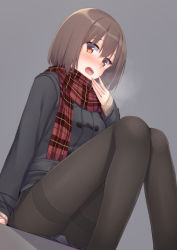Rule 34 | 1girl, black pantyhose, black skirt, blush, brown eyes, brown hair, coat, duffel coat, dutch angle, from below, highres, long hair, long sleeves, looking at viewer, looking down, looking to the side, mikazuchi zeus, open mouth, original, pantyhose, plaid, plaid scarf, scarf, school uniform, short hair, simple background, skirt, solo, thighband pantyhose, winter clothes
