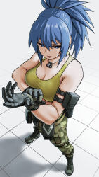 Rule 34 | 1girl, adjusting clothes, adjusting gloves, bare shoulders, blue eyes, blue hair, boots, breasts, camouflage, camouflage pants, cleavage, combat boots, cross-laced footwear, dog tags, from above, gloves, highres, lace-up boots, large breasts, leona heidern, medium breasts, military, pants, pants tucked in, ponytail, pouch, sleeveless, soldier, solo, the king of fighters, the king of fighters xv, x chitch