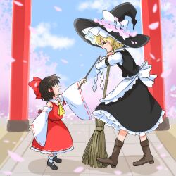 Rule 34 | 2girls, aged down, apron, ascot, blonde hair, bow, braid, broom, brown hair, cherry blossoms, child, closed mouth, detached sleeves, falling petals, gohei, hair bow, hair tubes, hakurei reimu, hat, hat bow, highres, holding, holding gohei, kirisame marisa, long sleeves, looking at another, mary janes, multiple girls, open mouth, outdoors, petals, pink petals, red bow, red skirt, ribbon-trimmed sleeves, ribbon trim, shoes, short hair, shoulder strap, side braid, single braid, skirt, skirt set, smile, torii, touhou, waist apron, white bow, witch hat, yakousei no kame, yellow ascot