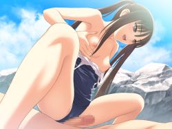 Rule 34 | 00s, 1girl, assertive female, bare shoulders, brother and sister, brown eyes, brown hair, cameltoe, censored, clothes pull, cloud, collarbone, day, fault!!, flat chest, game cg, girl on top, grabbing own breast, grinding, incest, legs, long hair, long legs, mosaic censoring, one-piece swimsuit, one-piece swimsuit pull, open mouth, outdoors, penis, school swimsuit, shirt pull, siblings, sky, solo focus, spread legs, squatting, straddling, strap slip, sugiyama mio, sugiyama shuuichi, swimsuit, tony taka, topless, twintails