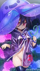 Rule 34 | 1girl, asymmetrical wings, black hair, black thighhighs, blue wings, buttons, clothes lift, cowboy shot, groin, hair between eyes, highres, holding, holding umbrella, houjuu nue, lifting own clothes, looking at viewer, muchin jousha, no panties, nue day, paid reward available, purple umbrella, raincoat, red eyes, red wings, short hair, smile, snake, solo, thighhighs, tomoe (symbol), tongue, tongue out, touhou, transparent, transparent umbrella, ufo, umbrella, wings
