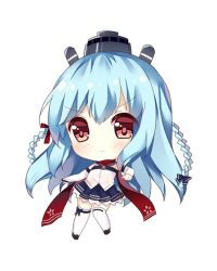 Rule 34 | 1girl, arm up, bad id, bad pixiv id, big head, blue hair, blue skirt, blush, braid, chibi, closed mouth, fubuki (warship girls r), hair ornament, knees together feet apart, leaning to the side, leg lift, looking at viewer, outstretched arm, pleated skirt, red eyes, red scarf, sailor collar, scarf, skirt, standing, tsukimi (xiaohuasan), warship girls r