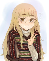 Rule 34 | 1girl, alternate costume, blonde hair, blush, casual, glasses, highres, long hair, mune, perrine h. clostermann, smile, solo, strike witches, sweater, upper body, v, world witches series, yellow eyes