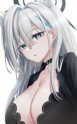 Rule 34 | 1girl, absurdres, animal ear fluff, animal ears, black choker, black dress, blue archive, blue eyes, breasts, chisi, choker, cleavage, collarbone, commentary request, cross hair ornament, dress, grey hair, hair between eyes, hair ornament, halo, highres, large breasts, long hair, long sleeves, looking at viewer, mismatched pupils, parted lips, shiroko (blue archive), shiroko terror (blue archive), sidelocks, simple background, solo, white background, wolf ears, wolf girl