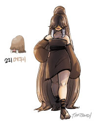 1girl absurdly_long_hair bare_shoulders breasts brown_dress brown_footwear brown_hair cleavage collarbone commentary creatures_(company) detached_sleeves dress full_body game_freak gen_2_pokemon hair_over_eyes hand_on_own_hip long_hair nintendo personification piloswine pokemon signature simple_background tamtamdi toeless_footwear toenails translated very_long_hair white_background